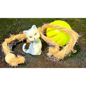 Vintage Kitten Miniature Figurine Ceramic Blue & white with black stripes